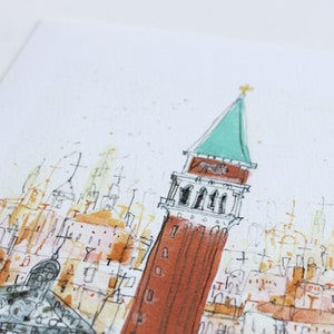 May include: Watercolor painting of a cityscape with a tall tower in the center. The tower has a green roof and a red brick body. The cityscape is made up of many smaller buildings with brown and white roofs.