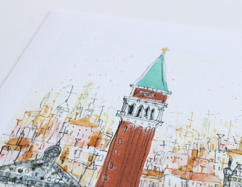 May include: Watercolor painting of a cityscape with a tall tower in the center. The tower has a green roof and a red brick body. The cityscape is made up of many smaller buildings with brown and white roofs.