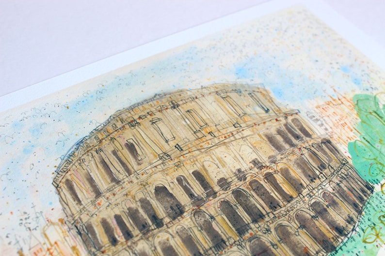 May include: Watercolor painting of the Colosseum in Rome. The artwork features the iconic amphitheater in a detailed sketch with brown and beige tones. The sky is a light blue with watercolor splatters, and green and orange accents are visible.