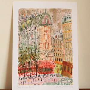 CAFE PARIS Art Print, Mixed Media Painting, Signed Giclee Print, Cafe Rouge Drawing, Parisian Wall Art, French Buildings, Montmartre Print