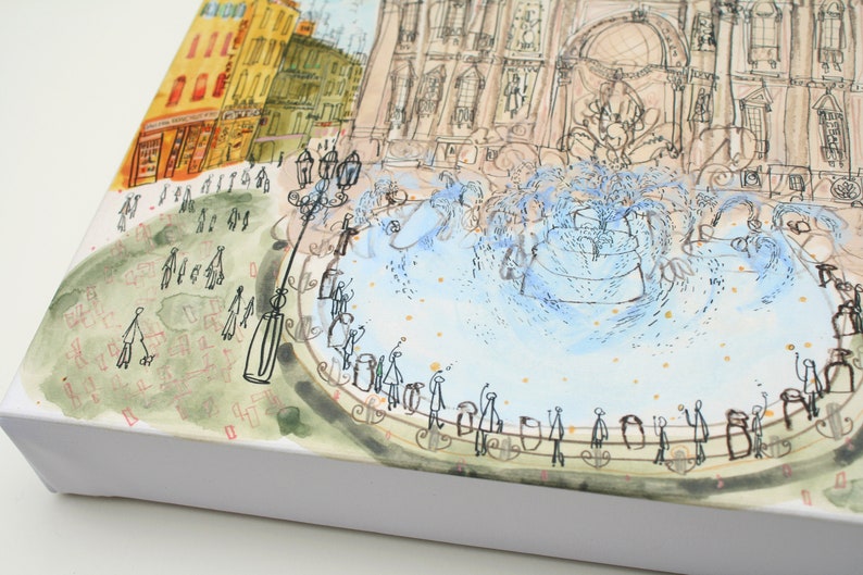 Travel Home Decor Rome Fountain Drawing Italy Wall Art ROME CANVAS PRINT Trevi Fountain Picture Stretched Giclee Canvas Watercolor Rome