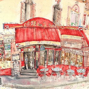 May include: Watercolor illustration of a Parisian cafe, "Cafe des 2 Moulins," with a red awning and outdoor seating. The artwork captures the essence of a French bistro with detailed architectural elements and street scenes.
