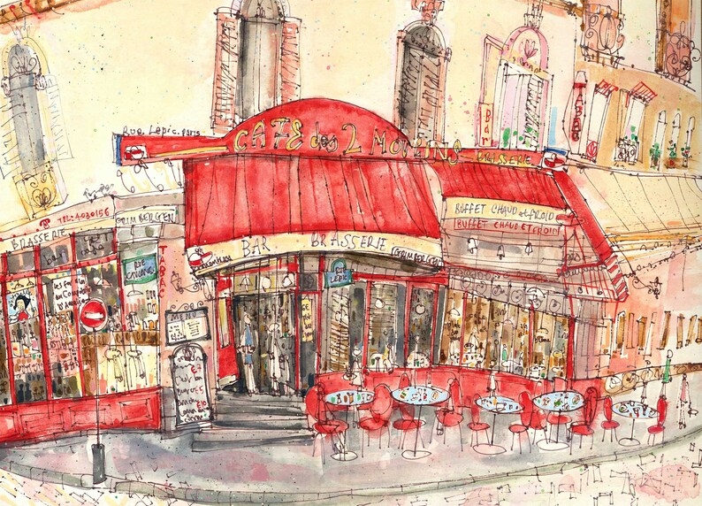 May include: Watercolor illustration of a Parisian cafe, "Cafe des 2 Moulins," with a red awning and outdoor seating. The artwork captures the essence of a French bistro with detailed architectural elements and street scenes.