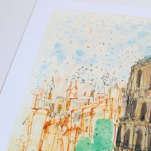 May include: Watercolor painting of a cityscape with buildings in shades of orange and brown, and green trees. The artwork features a detailed illustration of architectural structures, with a light blue and peach sky and small birds.