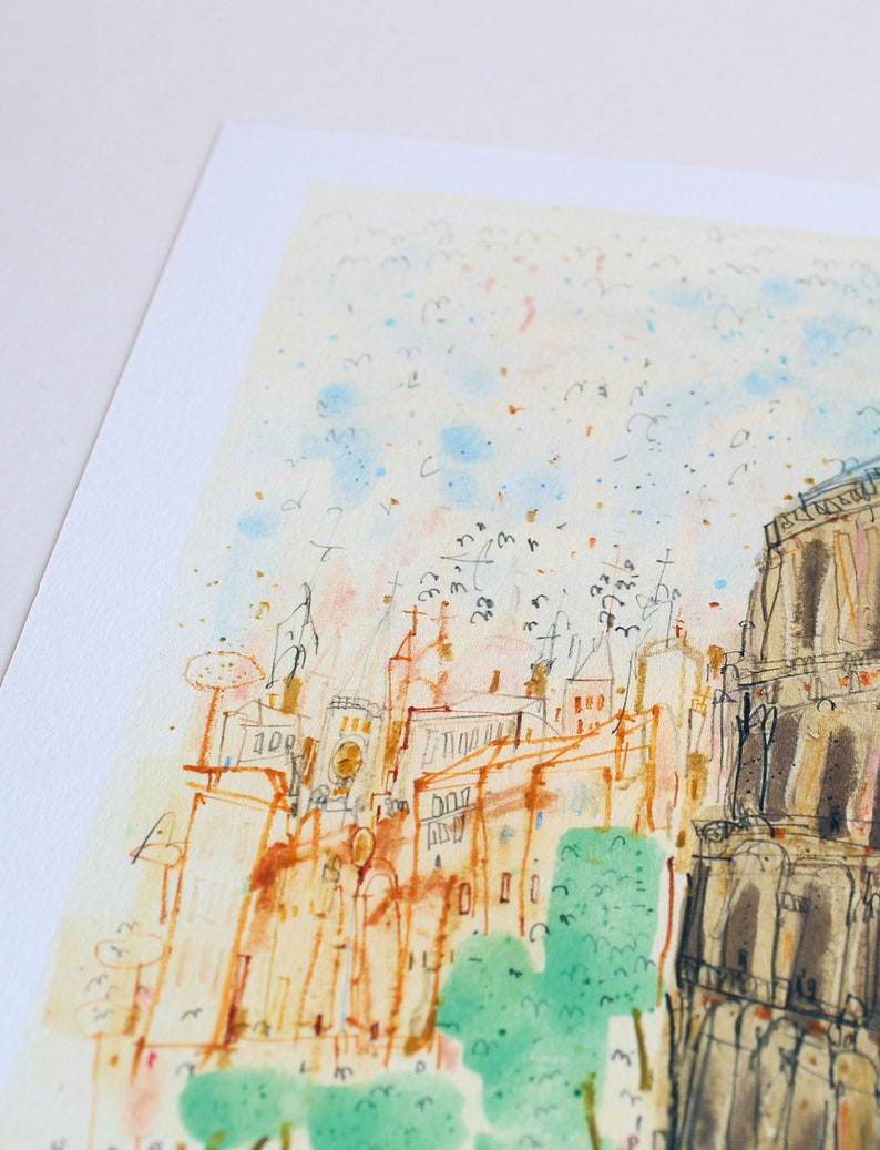 May include: Watercolor painting of a cityscape with buildings in shades of orange and brown, and green trees. The artwork features a detailed illustration of architectural structures, with a light blue and peach sky and small birds.