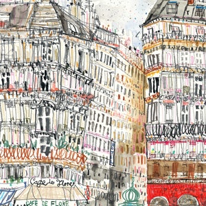 CAFÉ DE FLORE Paris, impression d&#39;art de la ville, impression jet d&#39;encre 11 x 14, esquisse parisienne, dessin de la ville de France, peinture aquarelle, Art de voyage Architecture