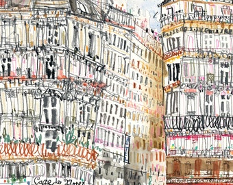 CAFE DE FLORE Paris, City Art Print, 11x14 Giclee Print, Parisian Sketch, France City Drawing, Watercolour Painting, Architecture Travel Art