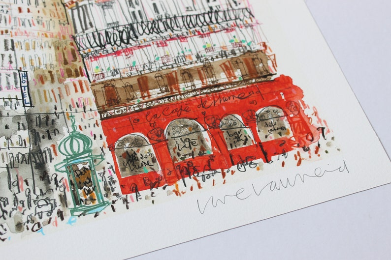 May include: A watercolor painting of a red building with arched windows and the text "La Cafe de Rome" above the windows. The building is surrounded by other buildings and a street scene. The painting is signed "Vrelaumeid" in the bottom right corner.