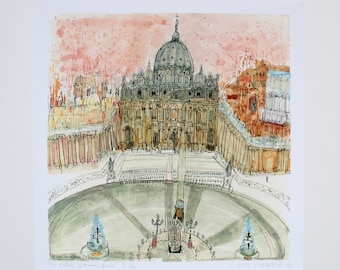 ROME PAINTING, St Peters Square, Signed Giclee Print, St Peter's Basilica, Limited Edition Art, Rome Watercolor, Vatican City Sketch Drawing