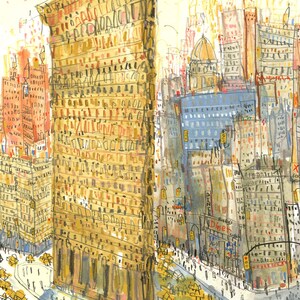 May include: A watercolor illustration of a tall, narrow building with a distinctive facade, surrounded by other buildings in a city setting. The building is painted in shades of yellow, brown, and orange, with black lines outlining the windows and details. The illustration is set against a light yellow background, with a few yellow cabs and pedestrians in the foreground.