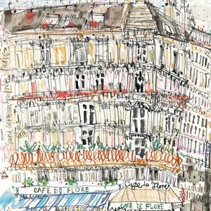CAFE DE FLORE Paris Giclee Print, Watercolour Painting, Wall Art 8x10, Parisian Sketch, Rooftop Drawing, City Artwork, Clare Caulfield