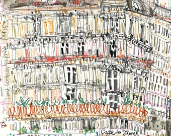 CAFE DE FLORE Paris Giclee Print, Watercolour Painting, Wall Art 8x10, Parisian Sketch, Rooftop Drawing, City Artwork, Clare Caulfield