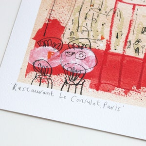 May include: A watercolor painting of a red and white restaurant interior with the text 'Restaurant Le Consulat, Paris'.