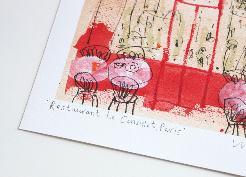 May include: A watercolor painting of a red and white restaurant interior with the text 'Restaurant Le Consulat, Paris'.