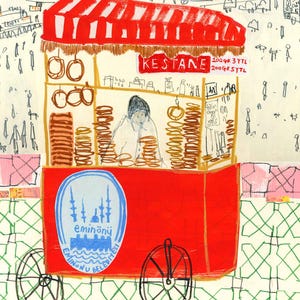 May include: Illustration of a red street food cart with a striped awning, selling Kestane (chestnuts). The cart has a blue emblem with Turkish text and a cityscape. The cart is on a patterned surface.