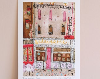 BOULANGERIE PARIS ART, Signed Giclée Print, Mixed Media Painting, Paris Wall Art, Charming French Bakery, Montmartre Shop, French Home Decor