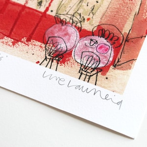 May include: A watercolor painting of a red and white scene with a signature in black ink that reads "une laumerie".