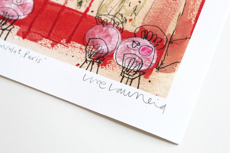 May include: A watercolor painting of a red and white scene with a signature in black ink that reads "une laumerie".