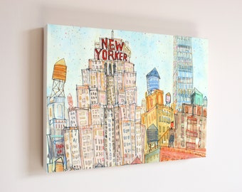 ニューヨーク在住作家。世界で一枚の絵。特注品。とても暖かみのある絵です ニューヨークのキャンバス、ニューヨークの高層ビル、ニューヨーカーの