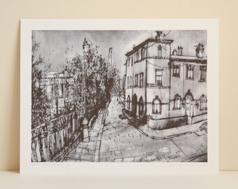 Dibujo de Saltaire, Cuadro de Albert Terrace, Lámina de arte de Yorkshire, Casas de Saltaire, Giclée de edición limitada, Punta seca de Saltaire, Clare Caulfield