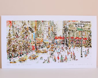 NEW YORK CHRISTMAS, Signed Giclee Art Print 18"x10", Snowing Holiday Nyc, Watercolour Painting, Xmas Shopping Sketch, City Snow Drawing