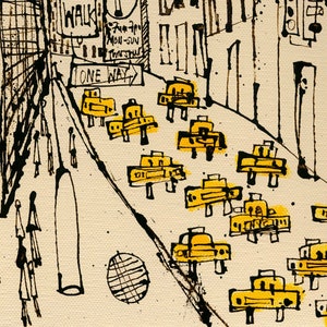 One Way Taxis NYC, New York Print, Giclee Art 8x10 Manhattan Drawing, NY Illustration, Wall Art Print, Yellow Cab Painting, Beige USA Sketch