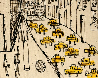 One Way Taxis NYC, New York Print, Giclee Art 8x10 Manhattan Drawing, NY Illustration, Wall Art Print, Yellow Cab Painting, Beige USA Sketch