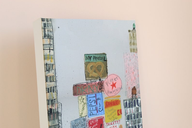 May include: A colorful abstract painting depicting a cityscape with various signs and advertisements. The signs include "Planet Hollywood", "Pepsi", "Dunkin", "NY Pretzel", and "Radar".