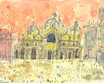 IMPRESSION 14 x 11, Venise, Piazza San Marco, place Saint-Marc en Italie, basilique dessin, aquarelle, croquis de la cathédrale de Venise, peinture de la ville