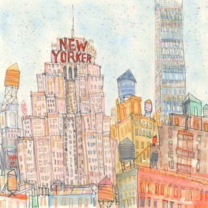 NEW YORK ART, The New Yorker Print, Watercolour Painting, Manhattan Wall Art, Limited Edition Giclee Print, Skyscaper Drawing, Buildings Nyc