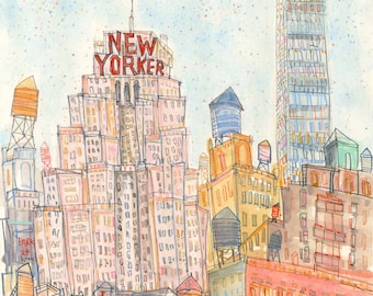 NEW YORK ART, The New Yorker Print, Watercolour Painting, Manhattan Wall Art, Limited Edition Giclee Print, Skyscaper Drawing, Buildings Nyc