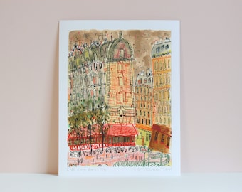 CAFÉ ROUGE PARIS Drawing, Limited Edition Print, Watercolour Painting, French Wall Art, Tabac Metro Sign, Picture of France, Clare Caulfield