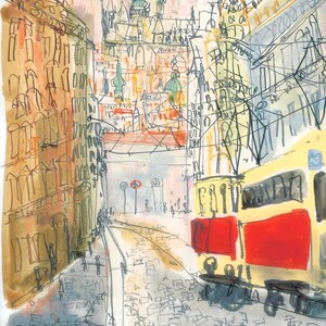 May include: Watercolor painting of a European city street scene. Buildings in shades of brown, yellow, and orange line the street. A yellow trolley with red panels is on the right. The background features a church with green domes.