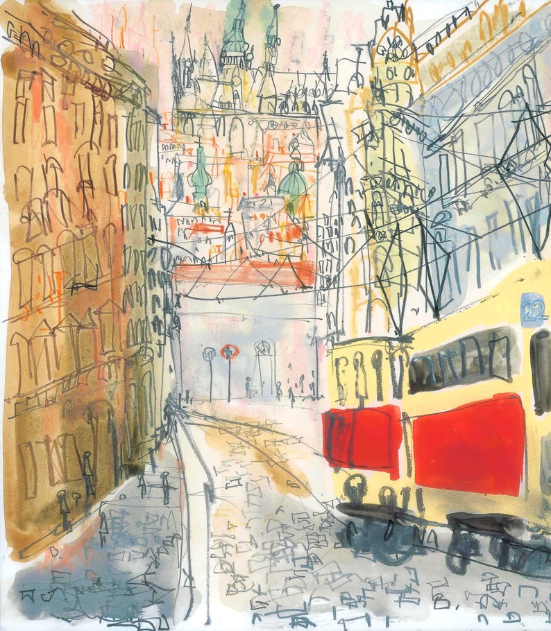 May include: Watercolor painting of a European city street scene. Buildings in shades of brown, yellow, and orange line the street. A yellow trolley with red panels is on the right. The background features a church with green domes.