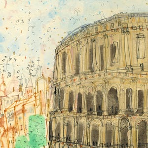 May include: Watercolor painting of the Colosseum in Rome. The artwork features the iconic amphitheater in shades of brown and beige, with a blue sky and scattered birds. The style is loose and expressive.