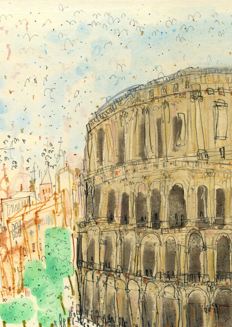 May include: Watercolor painting of the Colosseum in Rome. The artwork features the iconic amphitheater in shades of brown and beige, with a blue sky and scattered birds. The style is loose and expressive.
