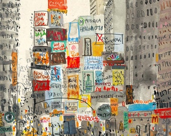 TIMES SQUARE Print, 11 x 14 New York Art, Broadway Sketch, City Taxi Drawing, Skyscrapers NYC, Manhattan Picture, Billboards, Usa Poster