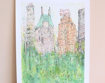 ESSEX HOUSE New York, Central Park Print, 11 x 14 NYC Wall Art, Central Park Picture, Watercolor Sketch, Skyscrapers, Hotel Manhattan