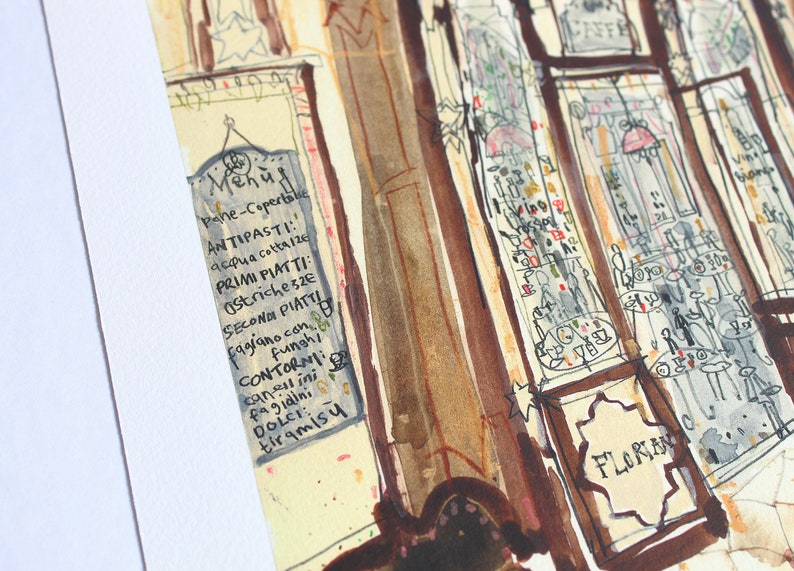 Cafetería histórica de Venecia, Piazza San Marco Café, Plaza de San Marcos, Acuarela, Pintura italiana, Impresión de edición limitada, Clare Caulfield imagen 2