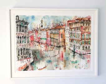 GRANDE IMPRESSION DE VENISE, aquarelle Italie, art du Grand Canal, impression jet d'encre non signée, art mural italien, bâtiments de Venise, dessin de gondole