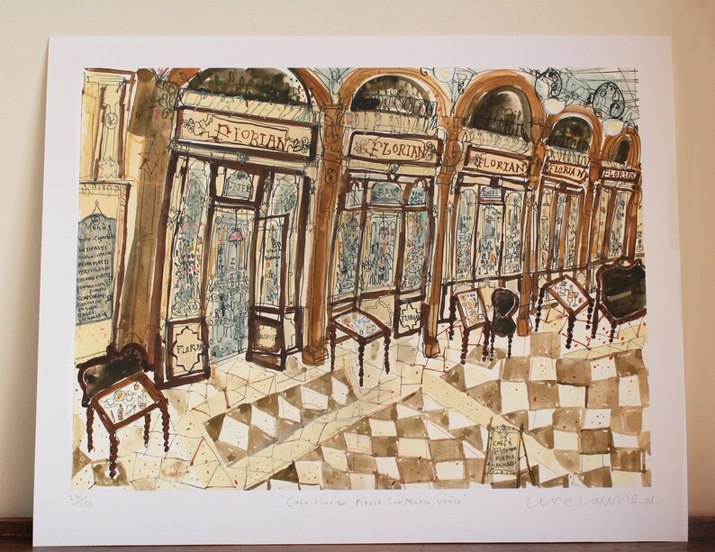 Cafetería histórica de Venecia, Piazza San Marco Café, Plaza de San Marcos, Acuarela, Pintura italiana, Impresión de edición limitada, Clare Caulfield imagen 9