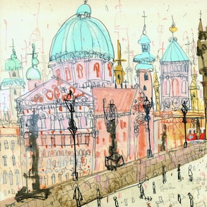 May include: A watercolor painting of a cityscape with multiple buildings, including a large church with a blue dome and a pink facade. The buildings are surrounded by a brown stone wall and a street with people walking on it.