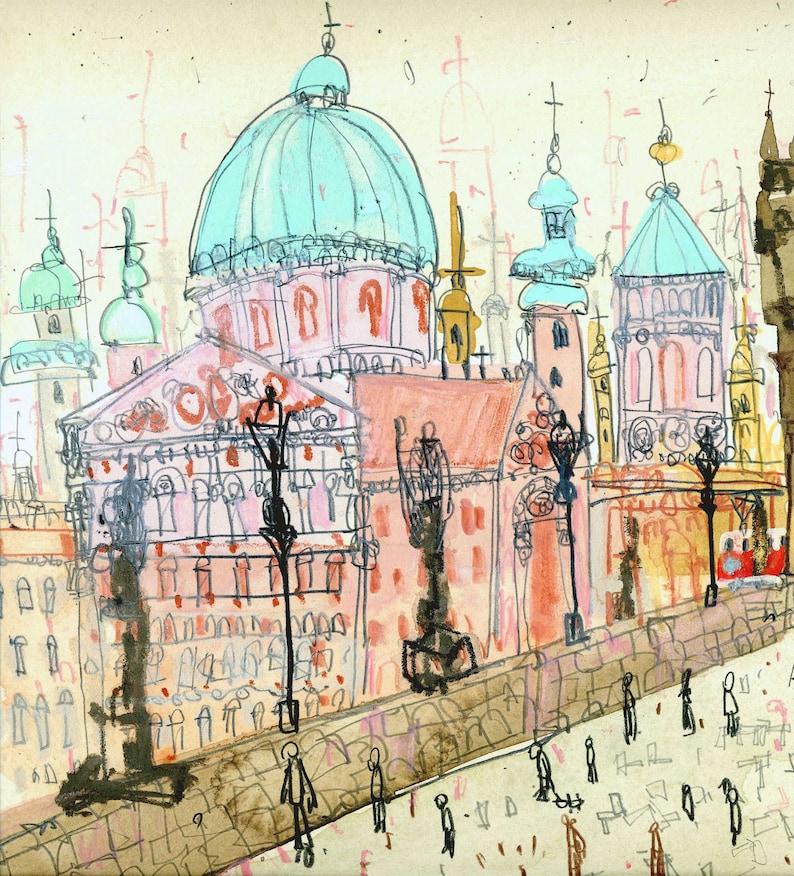 May include: A watercolor painting of a cityscape with multiple buildings, including a large church with a blue dome and a pink facade. The buildings are surrounded by a brown stone wall and a street with people walking on it.