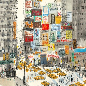 May include: A watercolor painting of a busy city street scene in New York City. The painting features a variety of buildings, cars, and people. There are many signs and advertisements on the buildings, including "Drink Coca Cola", "Motorola Hello Moto", and "New York Times".