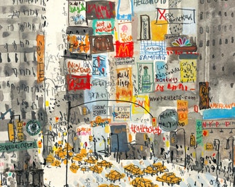 TIMES SQUARE New York, NYC Giclee Print, Manhattan Art, Yellow Taxi Wall Art, Watercolor Painting, 8x10 Travel Sketch, Billboard Drawing