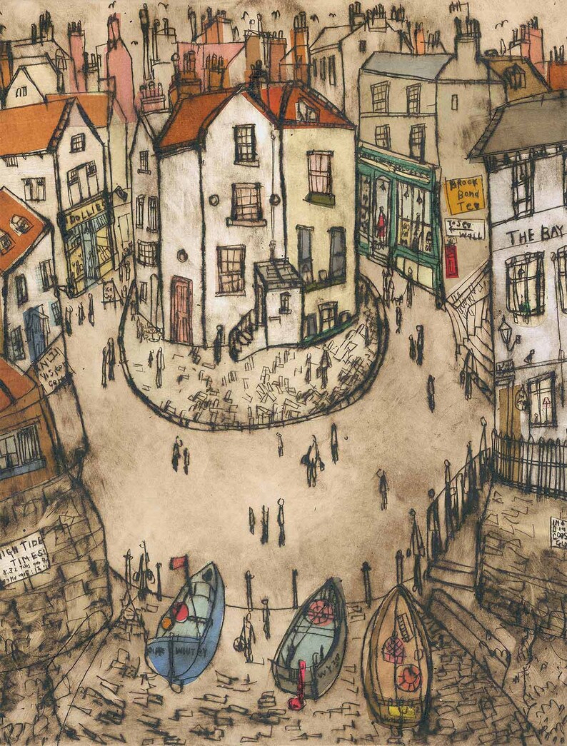 ROBIN HOODS BAY, 11x14 Art Print, North Yorkshire Coast, Fishing Boat Drawing, English Seaside Art, Clare Caulfield, The Bay Hotel, Picture image 2