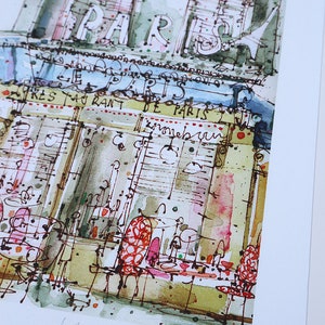 May include: A watercolor painting of a Parisian cafe with the word "PARIS" in large letters above the entrance. The cafe is called "Le Restaurant de Paris" and has a sign that says "Zimmermann" in cursive. The painting is signed "wrelvauniel" in the bottom right corner.
