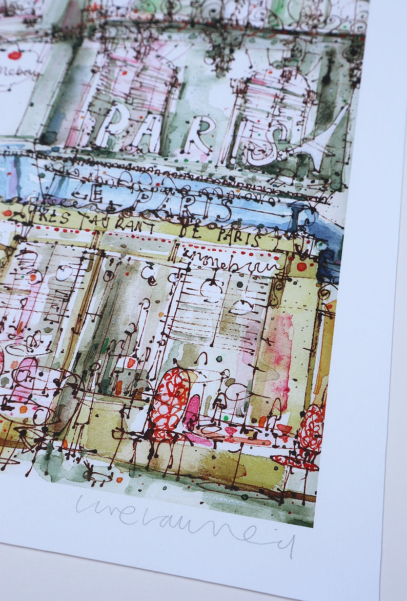 May include: A watercolor painting of a Parisian cafe with the word "PARIS" in large letters above the entrance. The cafe is called "Le Restaurant de Paris" and has a sign that says "Zimmermann" in cursive. The painting is signed "wrelvauniel" in the bottom right corner.