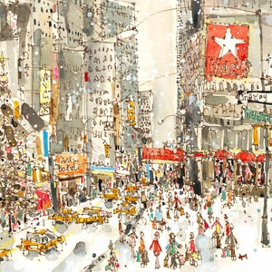May include: A watercolor painting of a snowy city street scene with people walking and shopping. The scene is filled with colorful buildings, storefronts, and signs. There is a large Christmas tree in the foreground, and a red sign with the word "Macy's" on it.