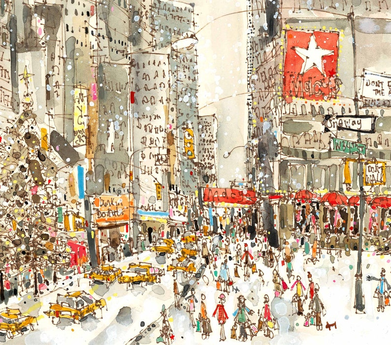 May include: A watercolor painting of a snowy city street scene with people walking and shopping. The scene is filled with colorful buildings, storefronts, and signs. There is a large Christmas tree in the foreground, and a red sign with the word "Macy's" on it.